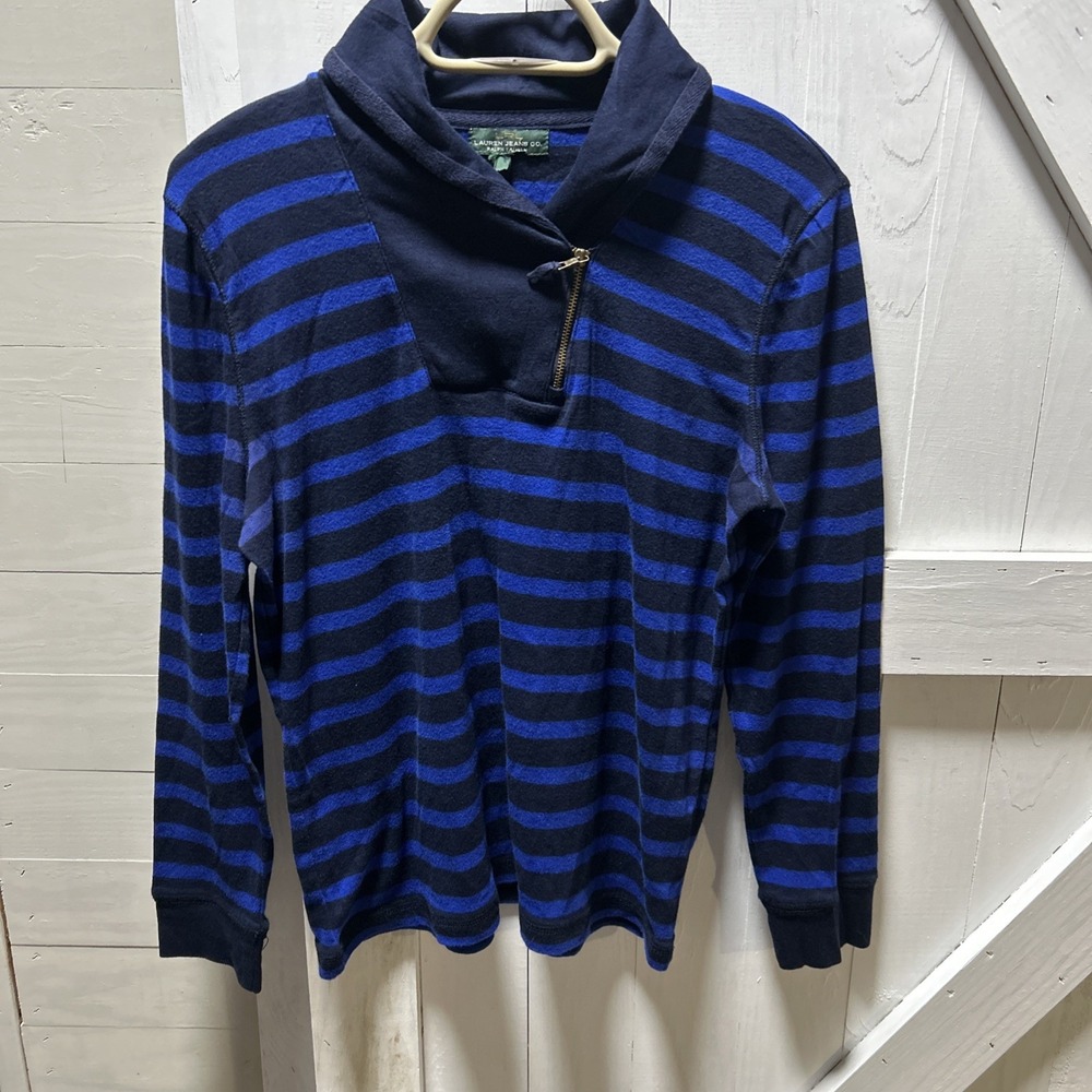 LRL Lauren Jeans Co Womens Blue Striped Shawl Collar Pullover Zip L
